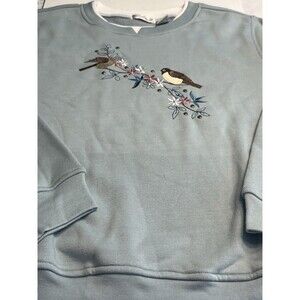Hasting & Smith Blue Green Embroidered Birds Flowers Sweatshirt M Grandmacore